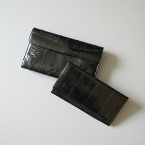 Elegant Eel Skin Black Women's Checkbook Cover and Wallet Set